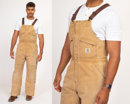 38x32 90s Carhartt Insulated Quilt Lined Overalls | Vintage Union Made In USA Faded Tan Distressed Workwear Jumpsuit