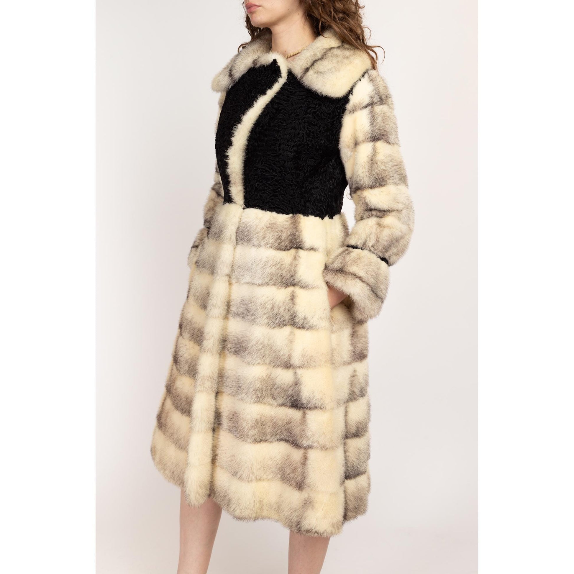 XS 60s 70s Galanos Designer Black & White Mink Fur Coat | Vintage Formal Persian Lamb Trim Princess Coat