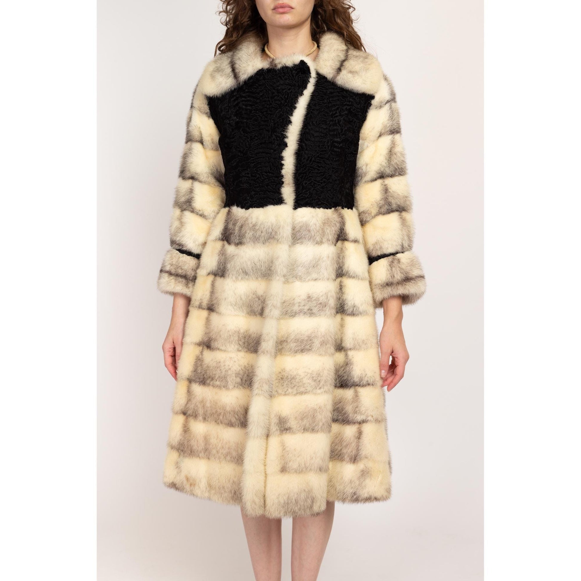 XS 60s 70s Galanos Designer Black & White Mink Fur Coat | Vintage Formal Persian Lamb Trim Princess Coat
