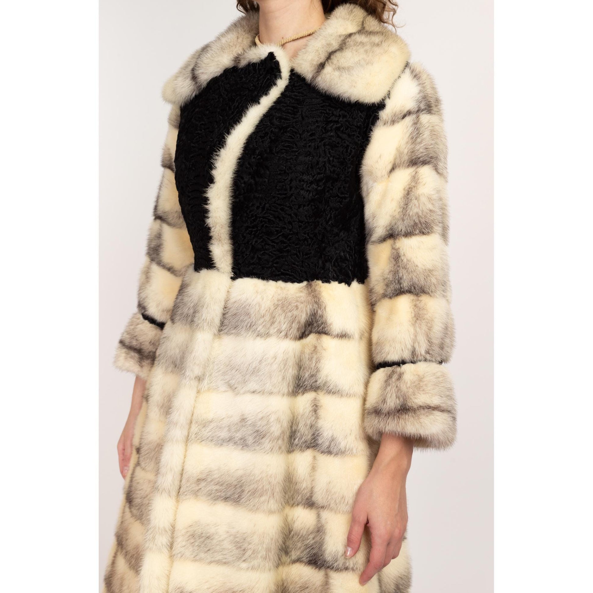 XS 60s 70s Galanos Designer Black & White Mink Fur Coat | Vintage Formal Persian Lamb Trim Princess Coat