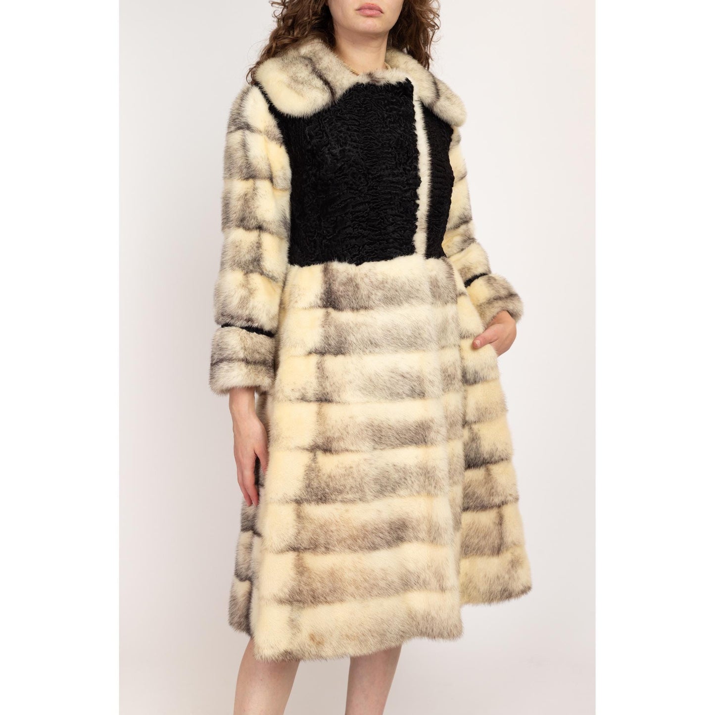 XS 60s 70s Galanos Designer Black & White Mink Fur Coat | Vintage Formal Persian Lamb Trim Princess Coat
