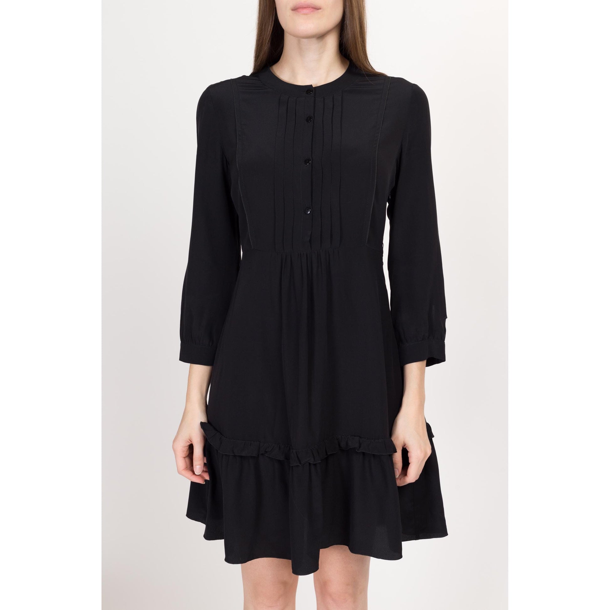 Small Y2K Miu Miu Black Silk Gothic Mini Dress | Vintage Designer 3/4 Sleeve Ruffle Party Dress