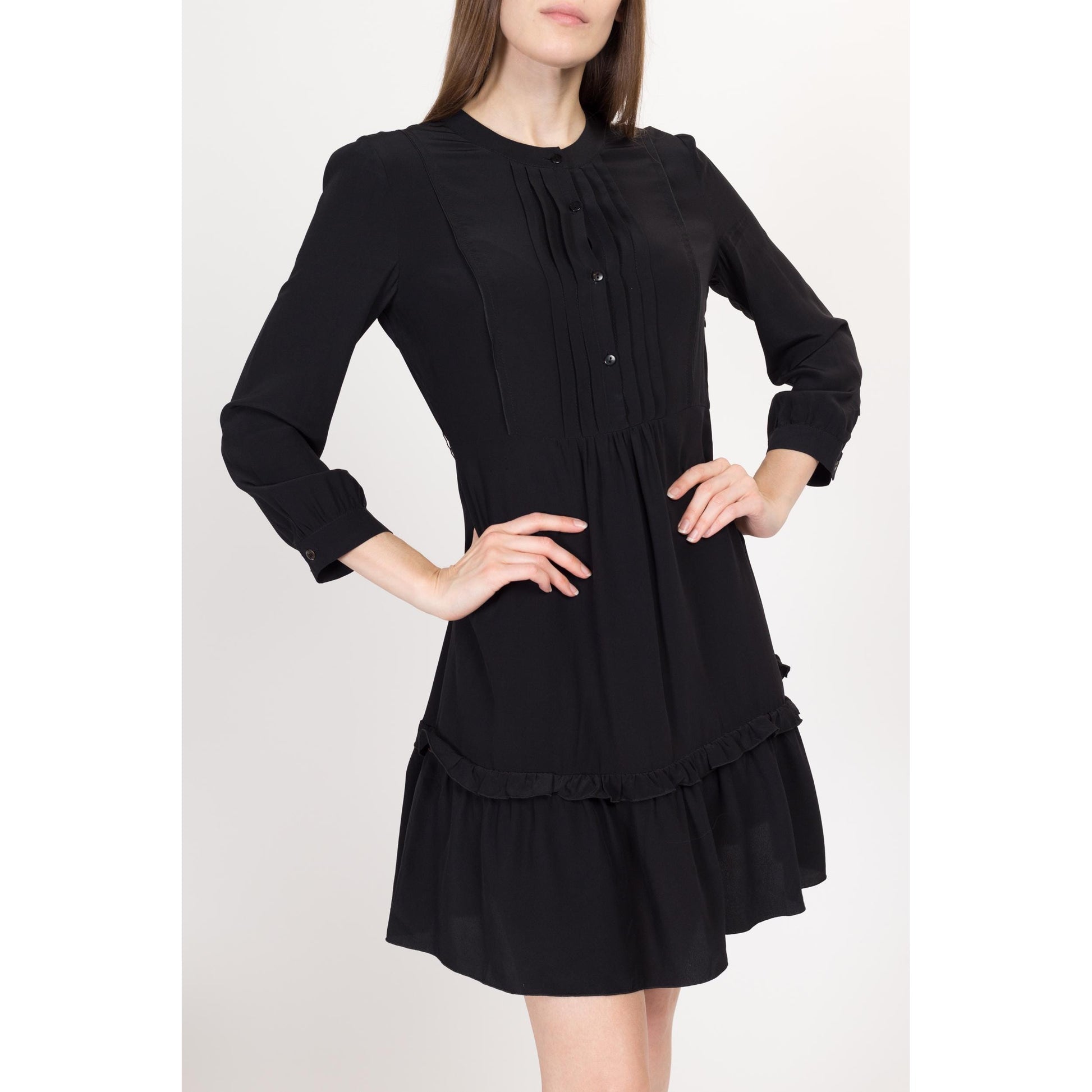 Small Y2K Miu Miu Black Silk Gothic Mini Dress | Vintage Designer 3/4 Sleeve Ruffle Party Dress