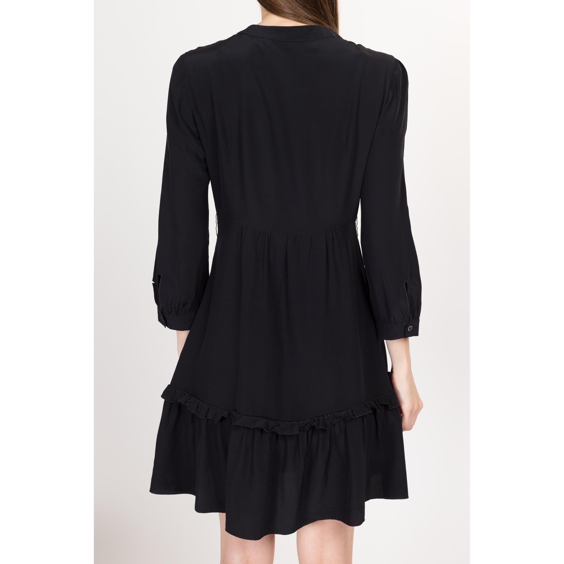 Small Y2K Miu Miu Black Silk Gothic Mini Dress | Vintage Designer 3/4 Sleeve Ruffle Party Dress