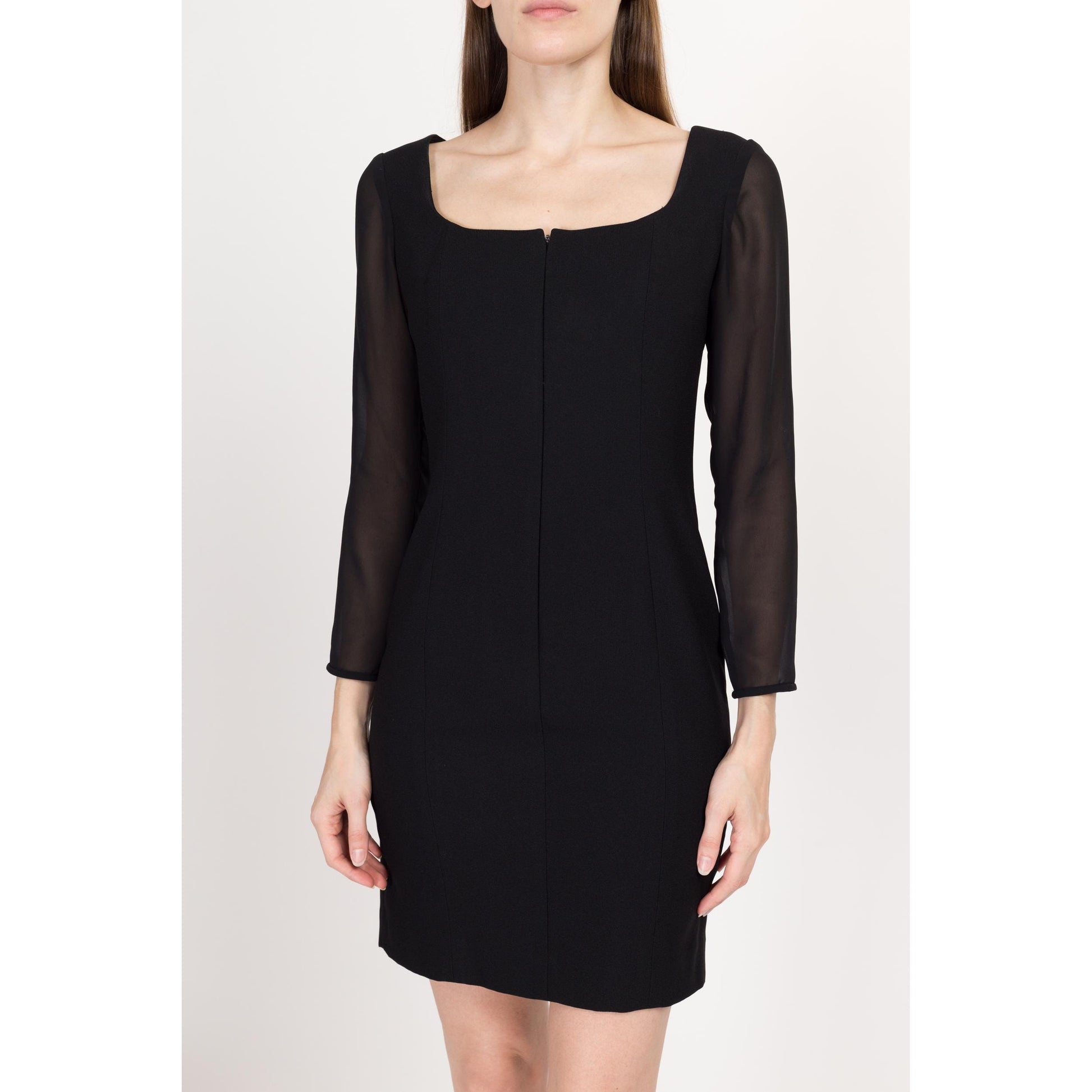 Small 90s Black Sheer Sleeve Mini Cocktail Dress | Vintage Zip Front Long Sleeve Square Neck Dress