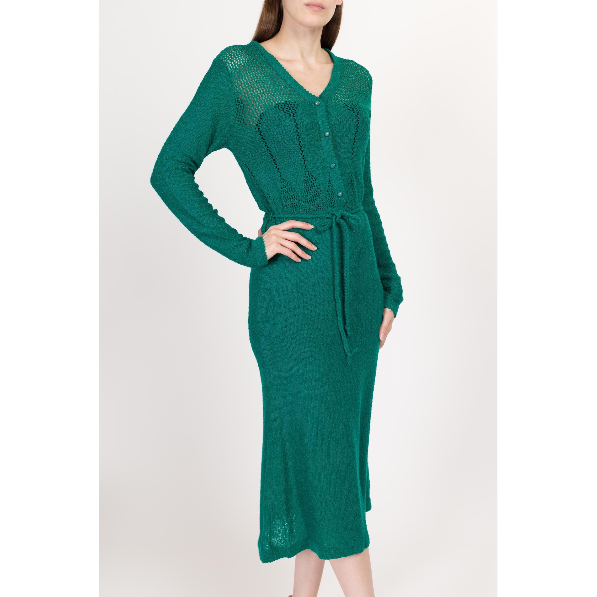 Sm Med 70s Jade Green Eyelet Knit Midi Sweater Dress