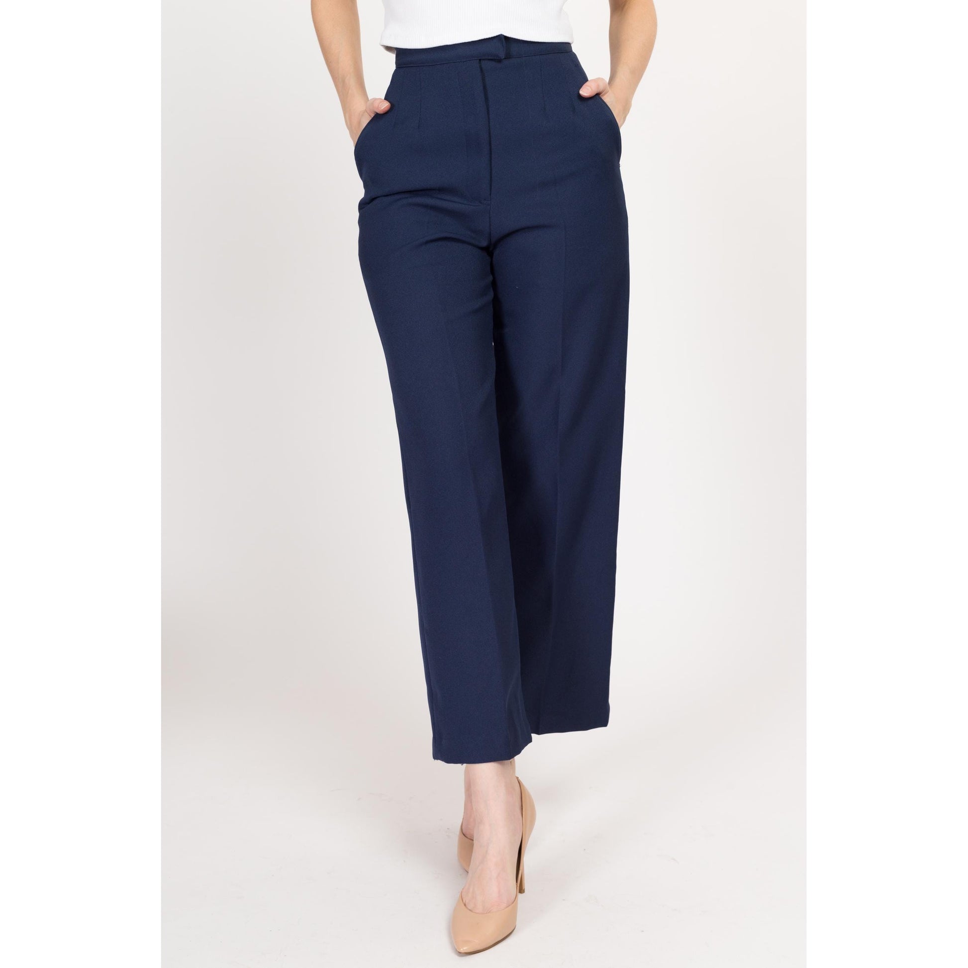 XS 70s Navy Blue High Waisted Trousers 25" | Vintage Pleated Straight Leg Pants