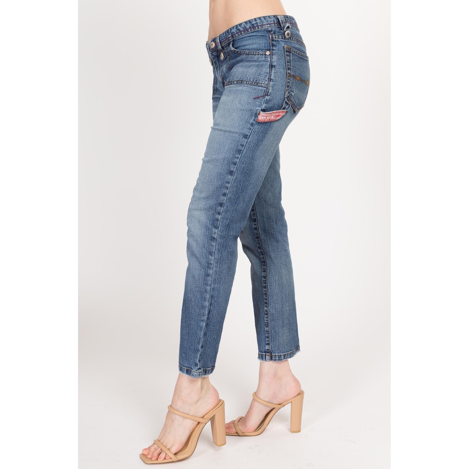 XS Y2K Low Rise Cargo Skinny Jeans | Vintage 2000s Stretch Denim Ankle Length Jeans