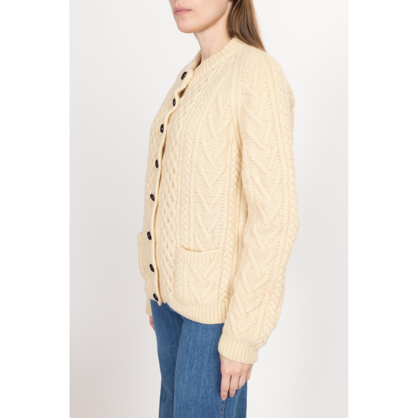 Large Vintage Irish Cable Knit Wool Fisherman Cardigan | 70s 80s Gaelterra Cream Chunky Knit Button Up Sweater