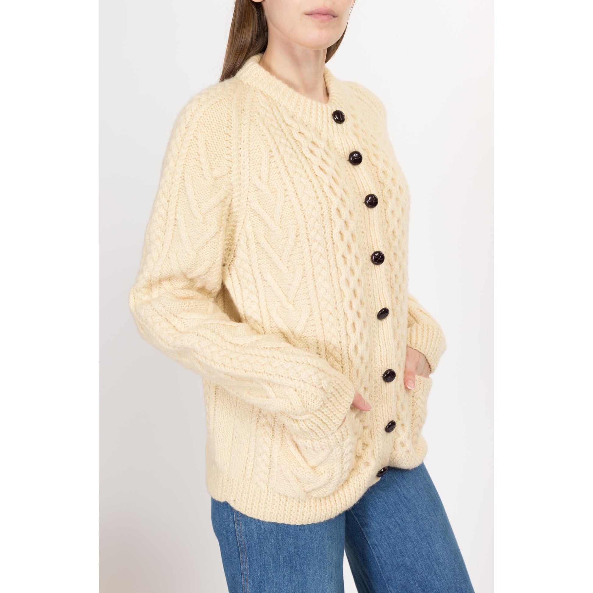 Large Vintage Irish Cable Knit Wool Fisherman Cardigan | 70s 80s Gaelterra Cream Chunky Knit Button Up Sweater