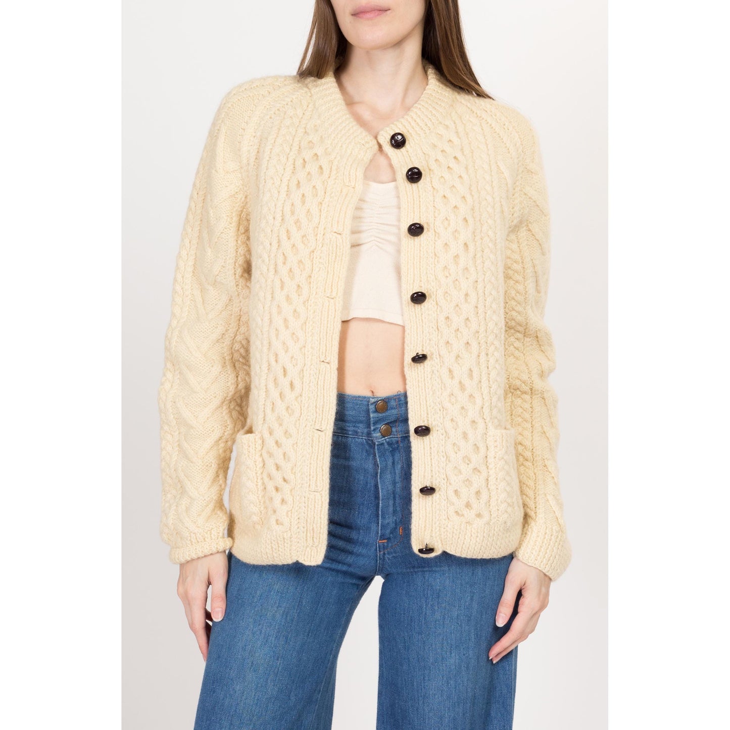 Large Vintage Irish Cable Knit Wool Fisherman Cardigan | 70s 80s Gaelterra Cream Chunky Knit Button Up Sweater