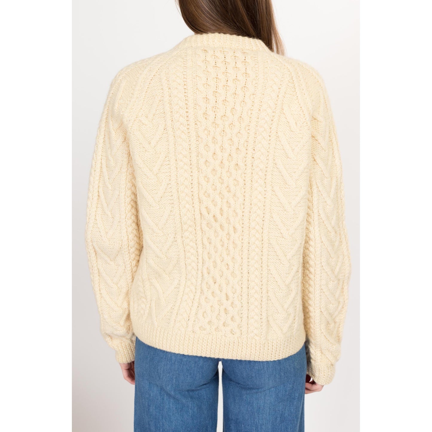 Large Vintage Irish Cable Knit Wool Fisherman Cardigan | 70s 80s Gaelterra Cream Chunky Knit Button Up Sweater