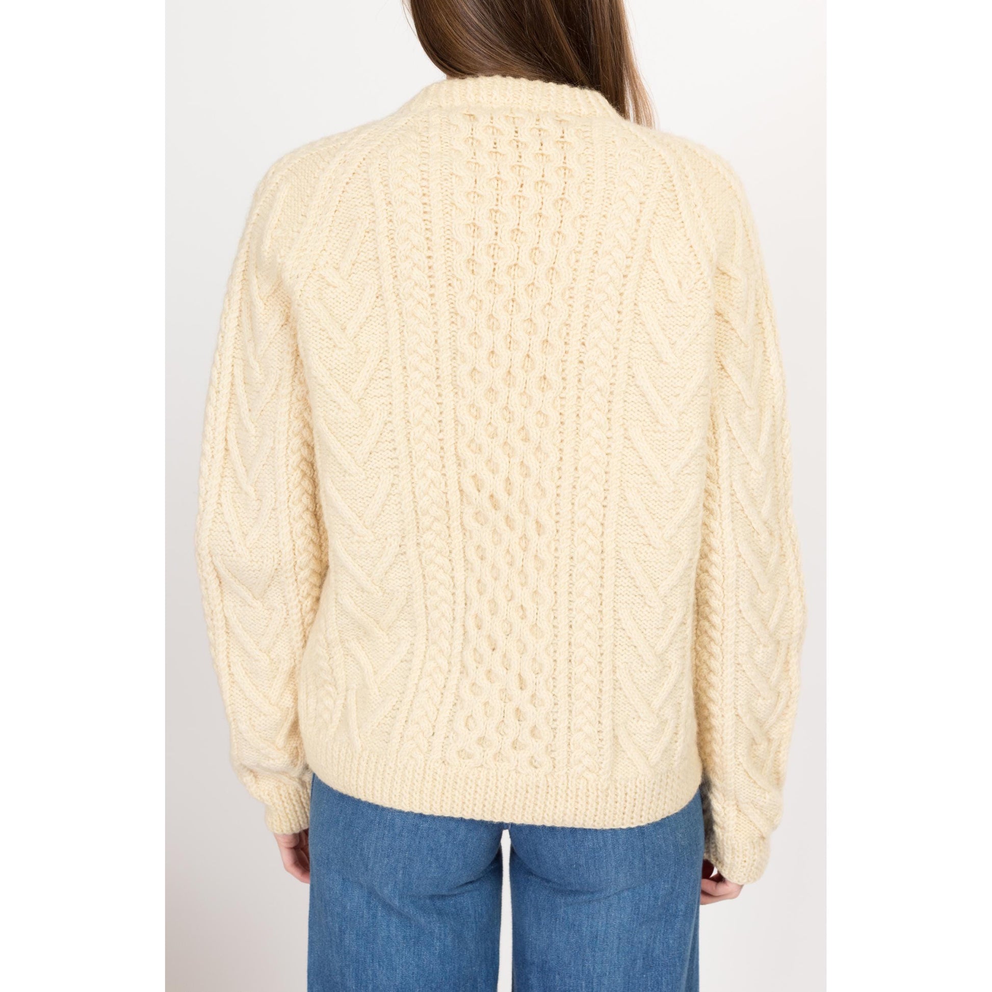 Large Vintage Irish Cable Knit Wool Fisherman Cardigan | 70s 80s Gaelterra Cream Chunky Knit Button Up Sweater