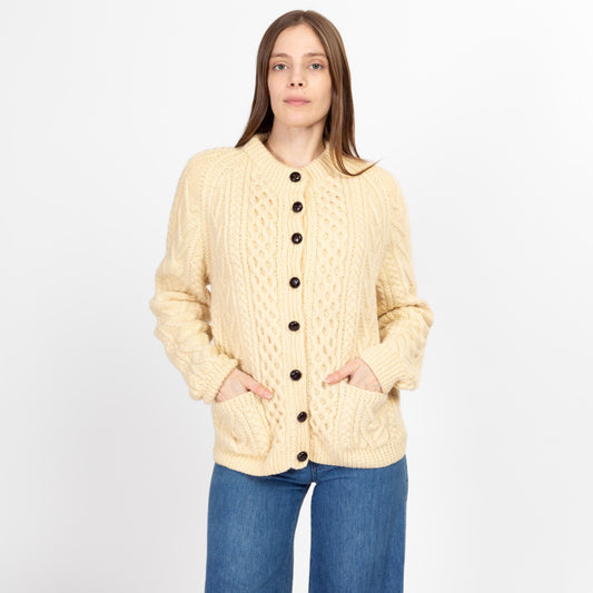 Large Vintage Irish Cable Knit Wool Fisherman Cardigan | 70s 80s Gaelterra Cream Chunky Knit Button Up Sweater
