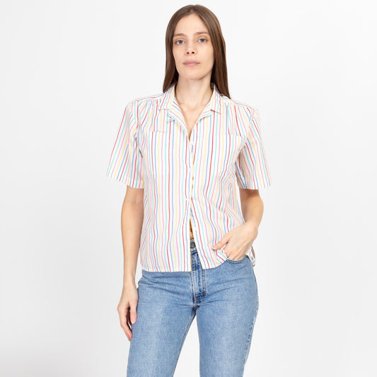 Medium 80s Rainbow Striped Button Up Shirt | Vintage Short Sleeve Collared Candy Stripe Top