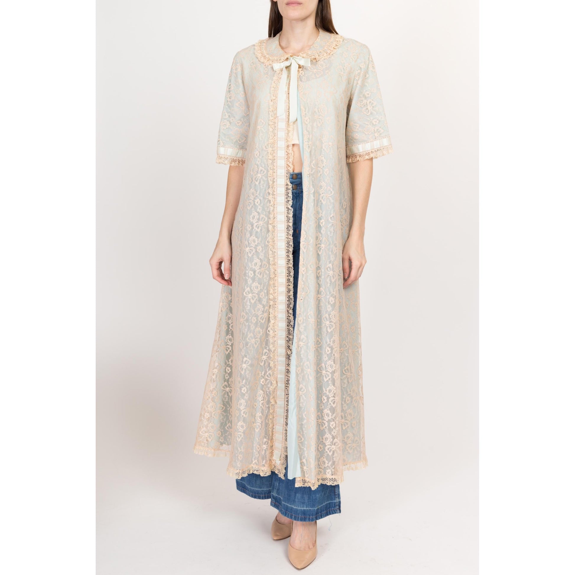Medium 60s Blue & Ecru Lace Maxi Peignoir | Vintage Odette Barsa Ribbon Trim Dressing Gown