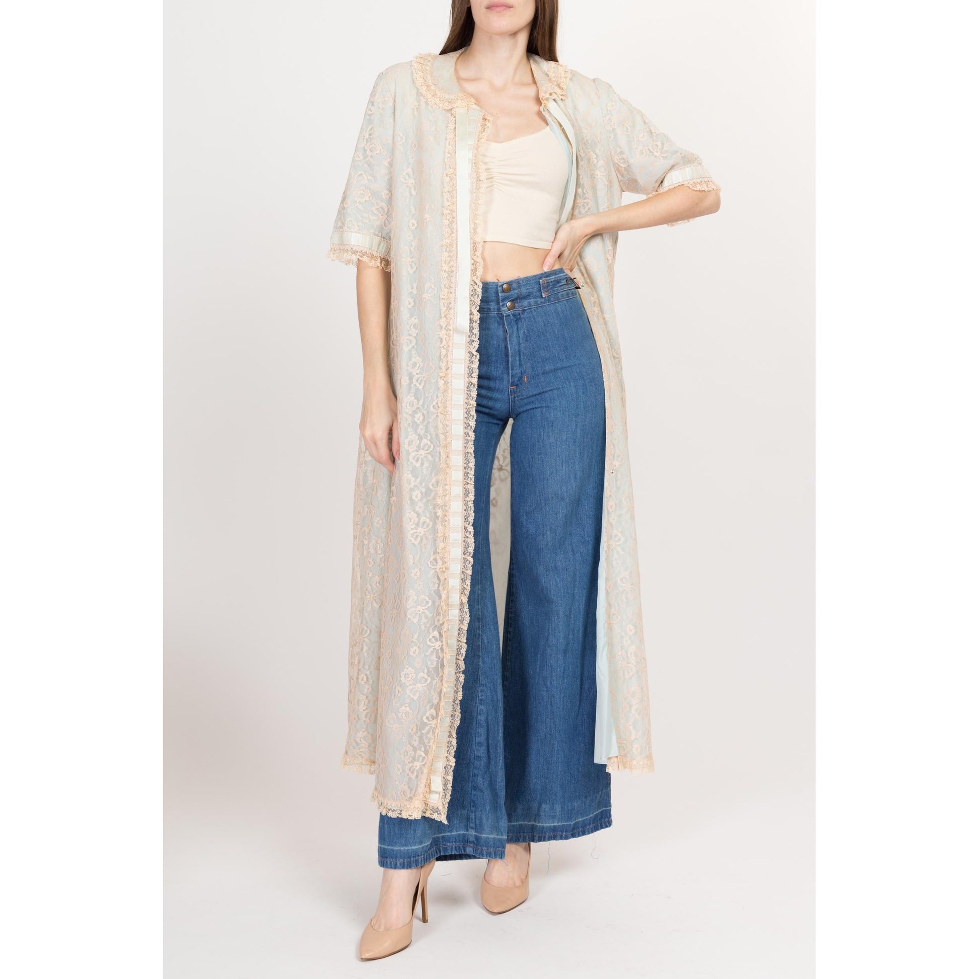 Medium 60s Blue & Ecru Lace Maxi Peignoir | Vintage Odette Barsa Ribbon Trim Dressing Gown