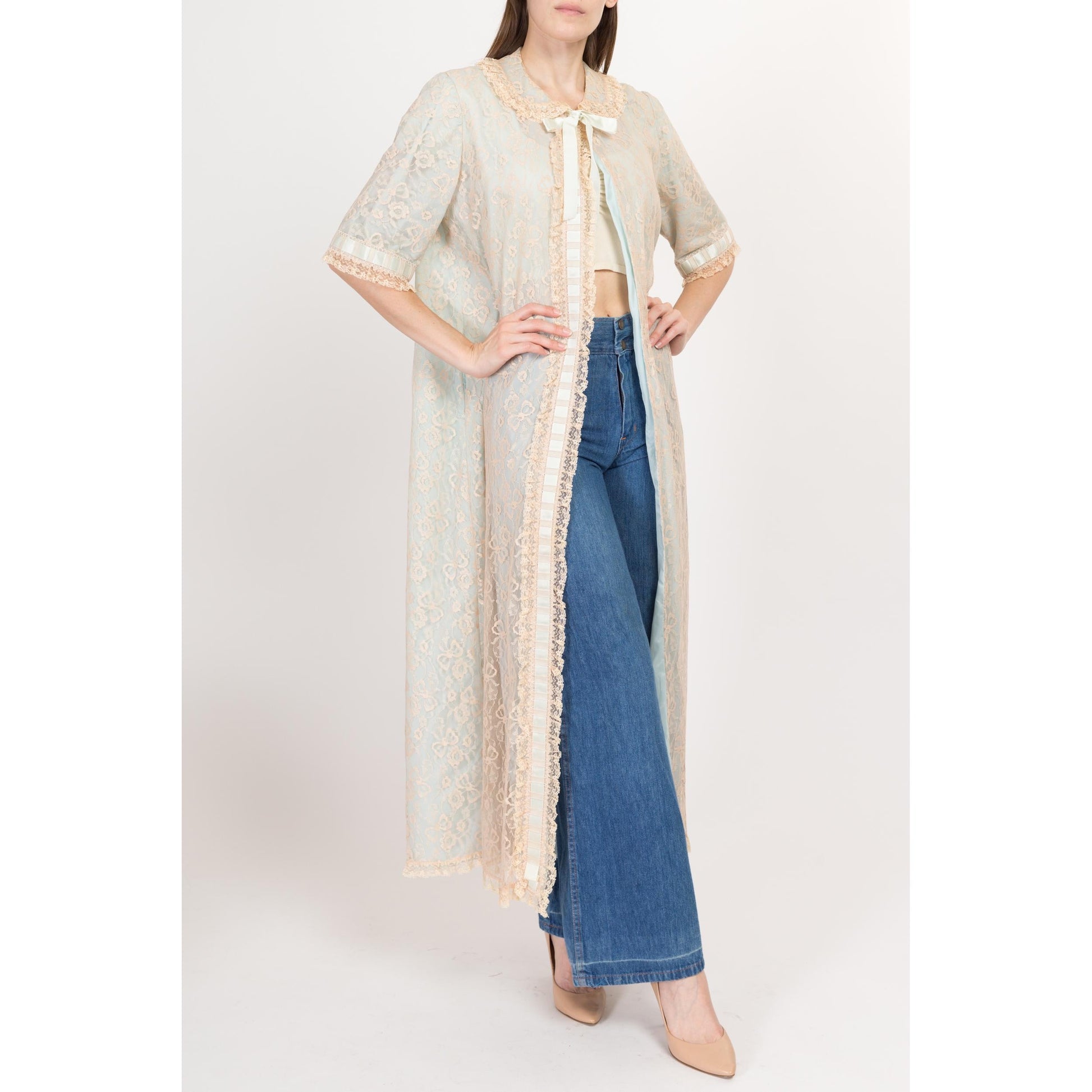 Medium 60s Blue & Ecru Lace Maxi Peignoir | Vintage Odette Barsa Ribbon Trim Dressing Gown