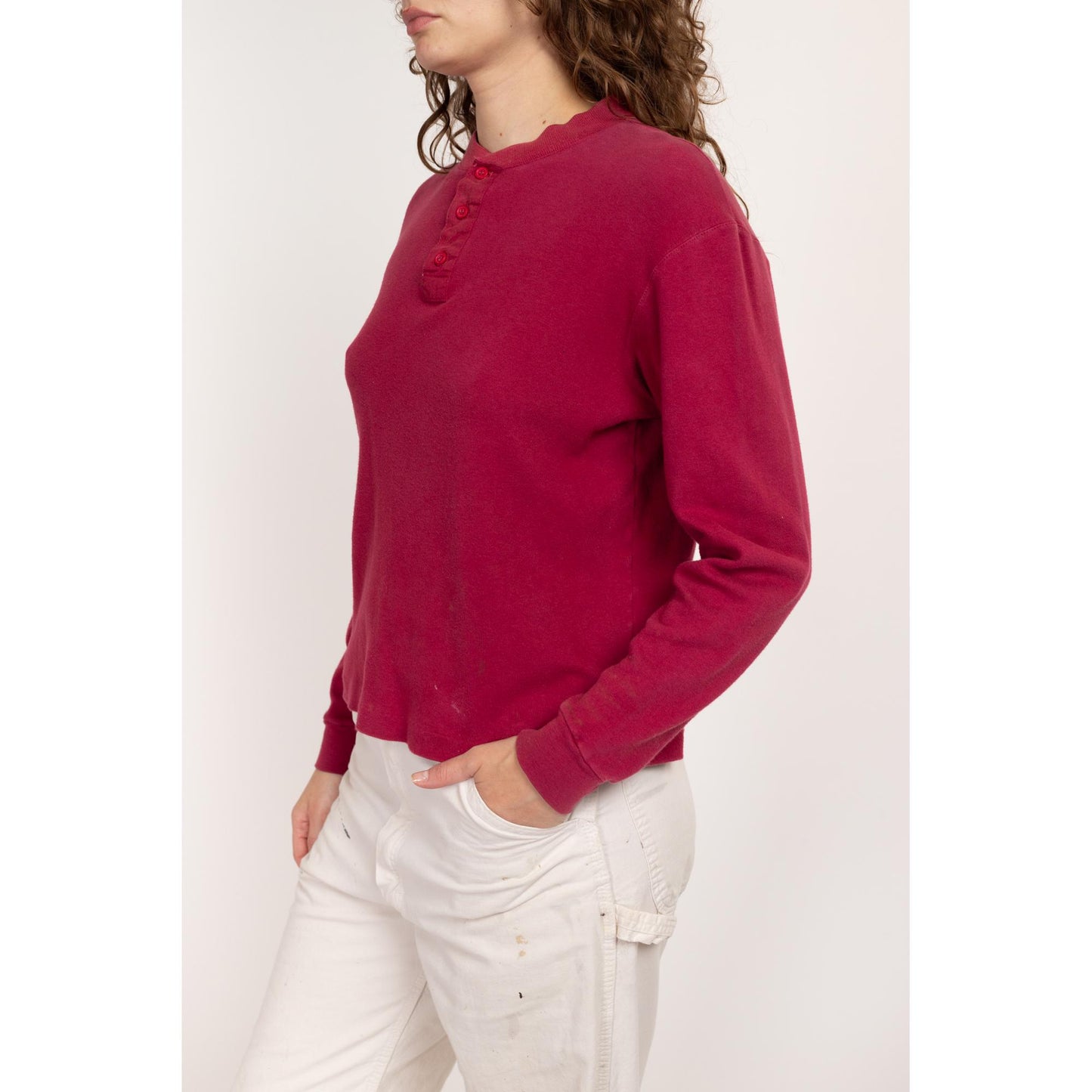 Med-Lrg 80s Wine Red Cotton Henley Shirt Unisex | Vintage Grunge Long Sleeve Normcore Top