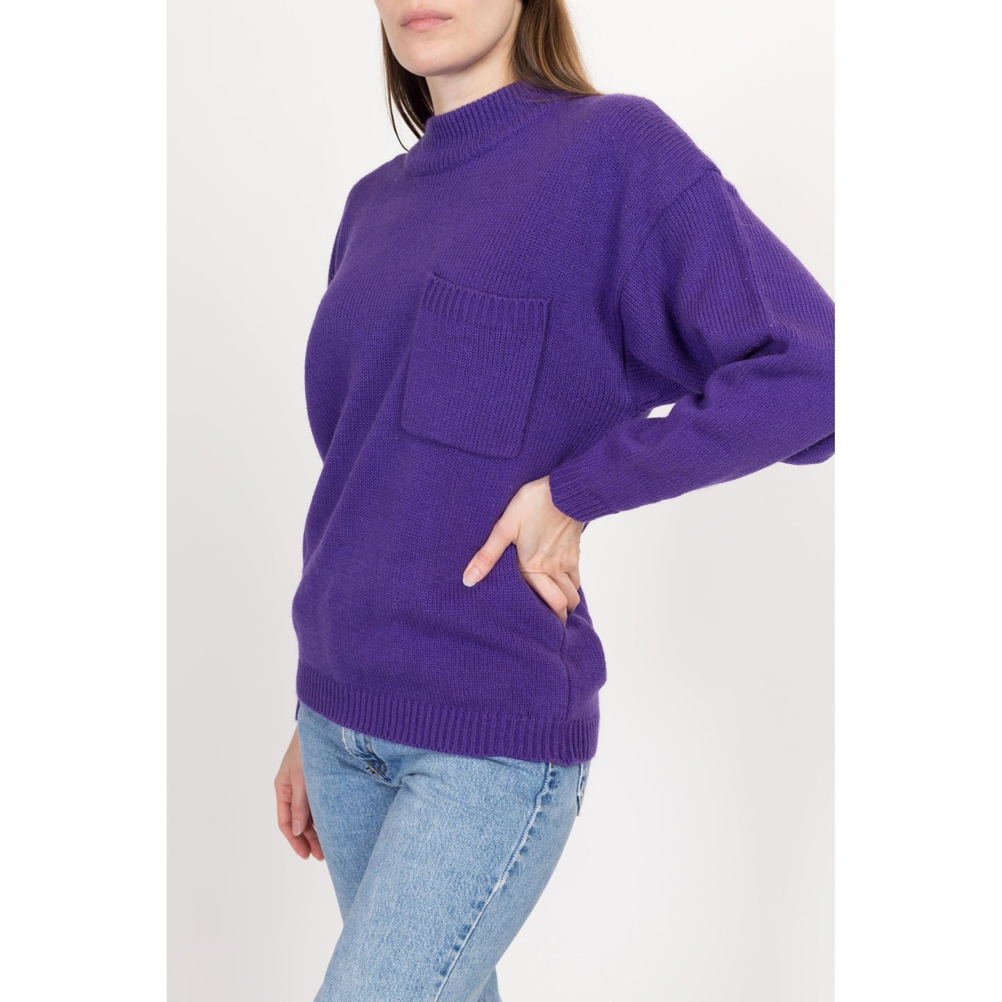 Large 80s Purple Mockneck Pocket Sweater | Vintage Plain Knit Slouchy Pullover
