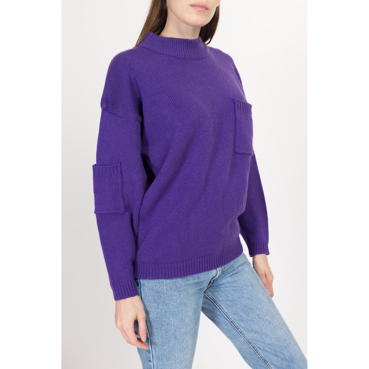 Large 80s Purple Mockneck Pocket Sweater | Vintage Plain Knit Slouchy Pullover