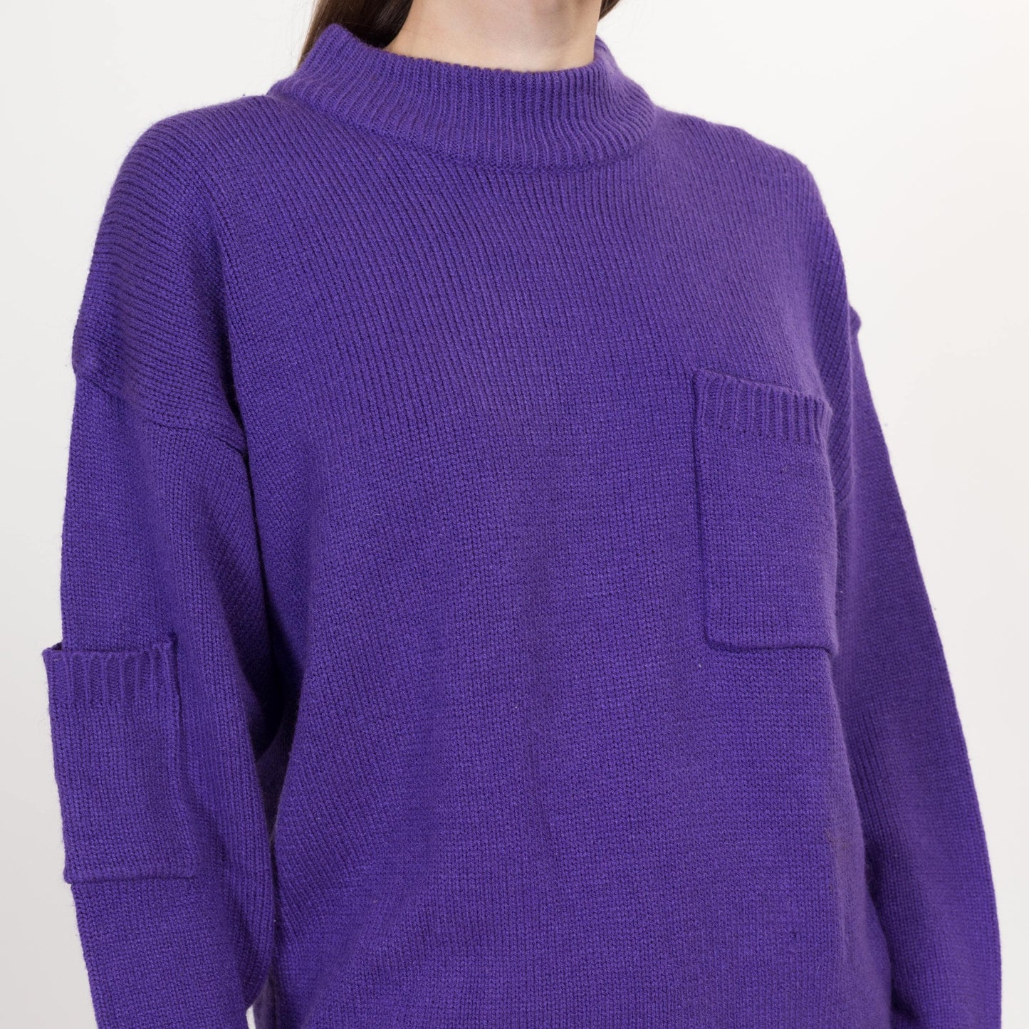 Large 80s Purple Mockneck Pocket Sweater | Vintage Plain Knit Slouchy Pullover