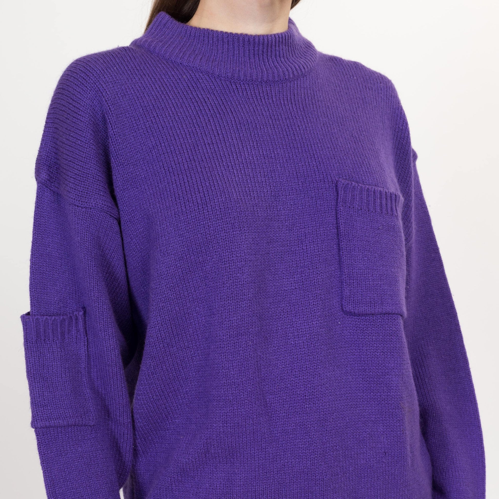 Large 80s Purple Mockneck Pocket Sweater | Vintage Plain Knit Slouchy Pullover