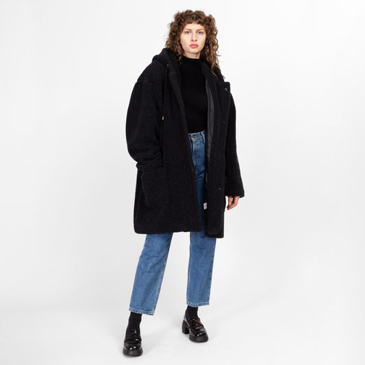 XL 90s Black Fleece Hooded Jacket | Vintage Mackintosh Salt & Pepper Oversize Coat