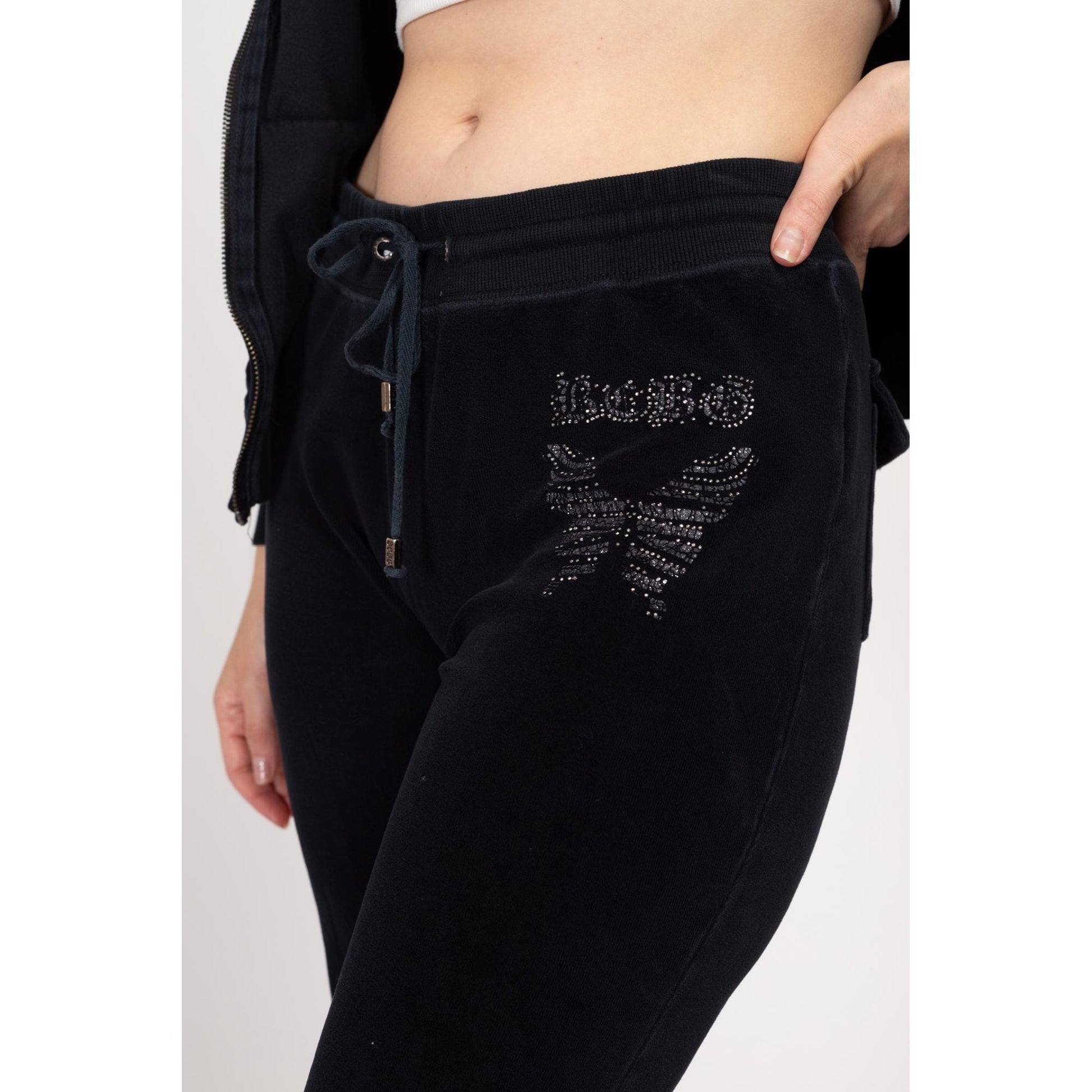 Large Y2K BGBG Maxazria Black Velour Butterfly Track Suit | Vintage Sweatpants & Zip Up Hooded Jacket Matching Set