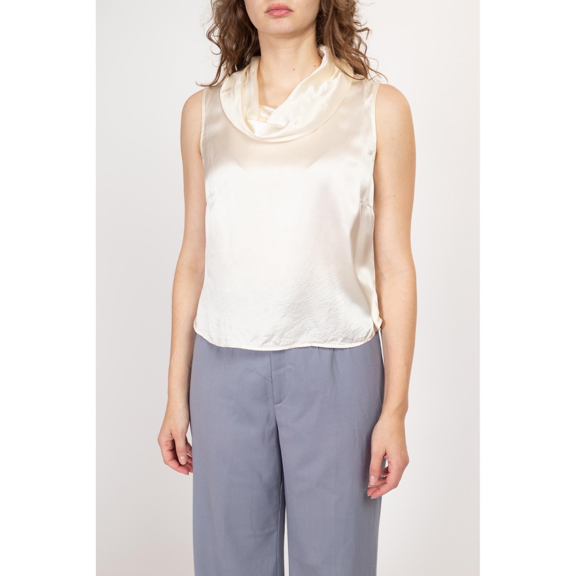 Medium 90s Ivory Silk Satin Cowl Neck Top | Vintage Minimalist Sleeveless Cropped Blouse