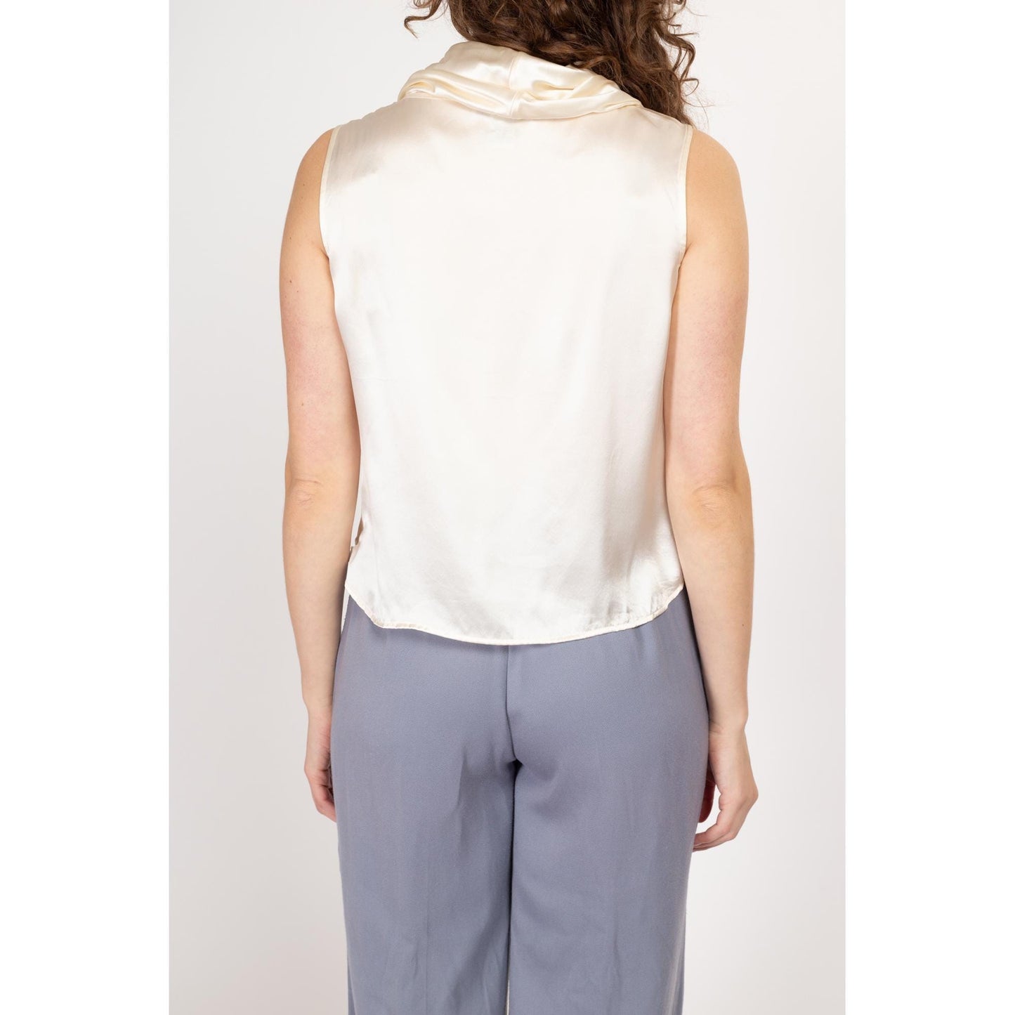 Medium 90s Ivory Silk Satin Cowl Neck Top | Vintage Minimalist Sleeveless Cropped Blouse