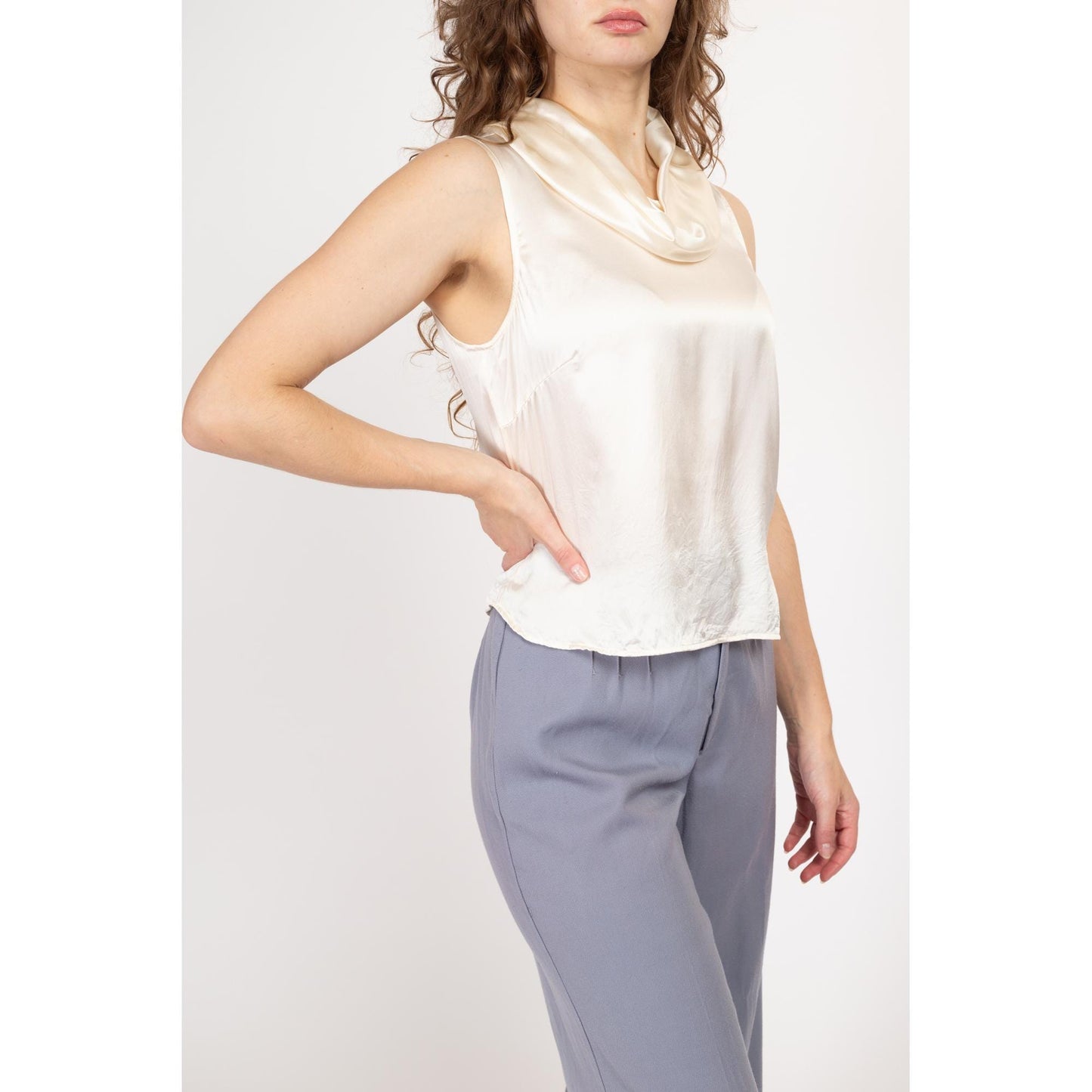 Medium 90s Ivory Silk Satin Cowl Neck Top | Vintage Minimalist Sleeveless Cropped Blouse