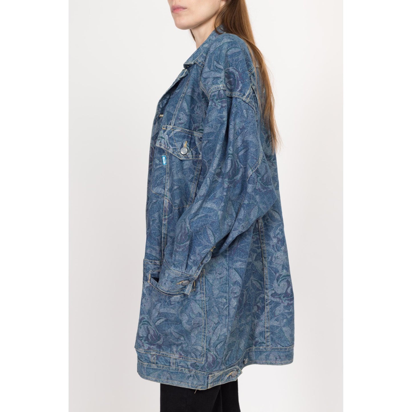 Medium 80s Freego Floral Tapestry Denim Jacket | Vintage Grunge Oversized Long Blue Jean Chore Coat