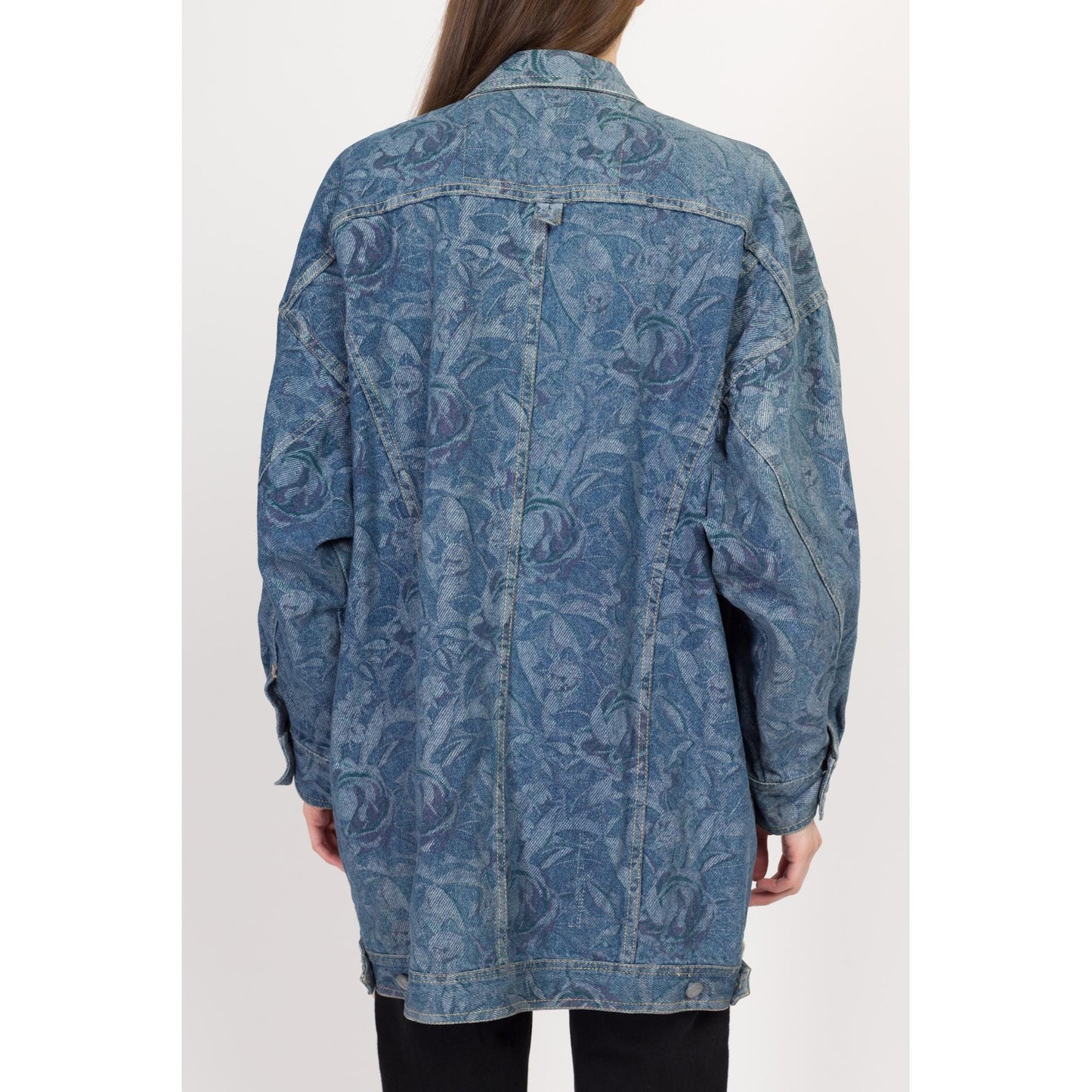 Medium 80s Freego Floral Tapestry Denim Jacket | Vintage Grunge Oversized Long Blue Jean Chore Coat