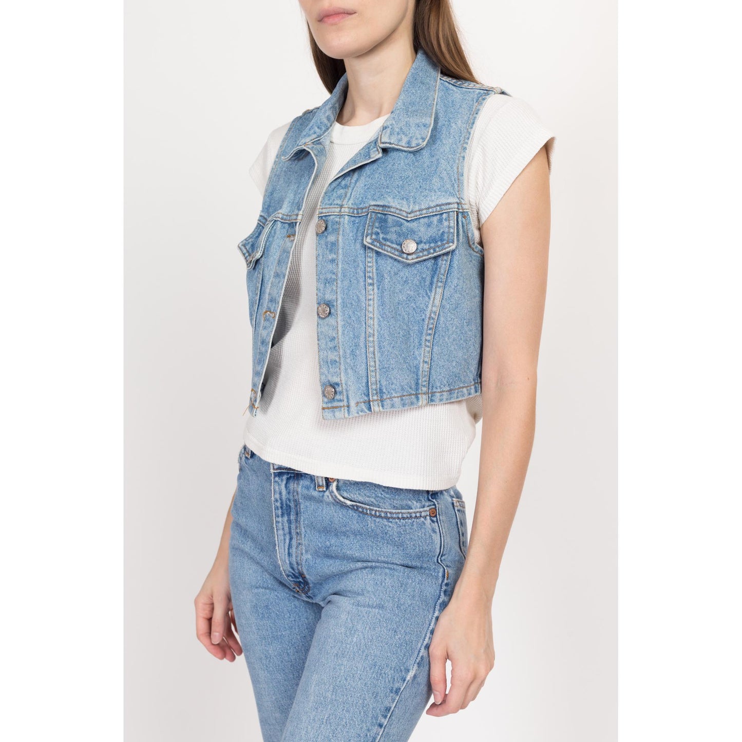 Sm-Med 90s Denim Crop Top Vest | Vintage Light Wash Blue Jean Sleeveless Shirt