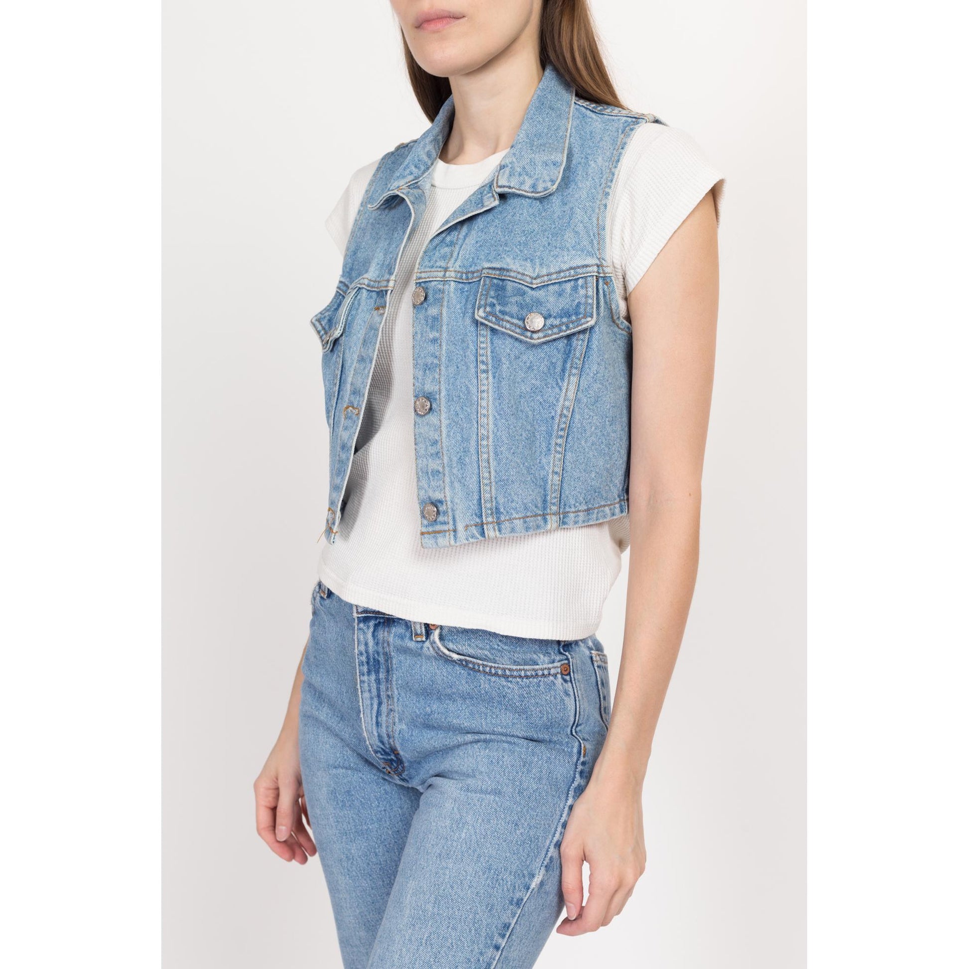 Sm-Med 90s Denim Crop Top Vest | Vintage Light Wash Blue Jean Sleeveless Shirt