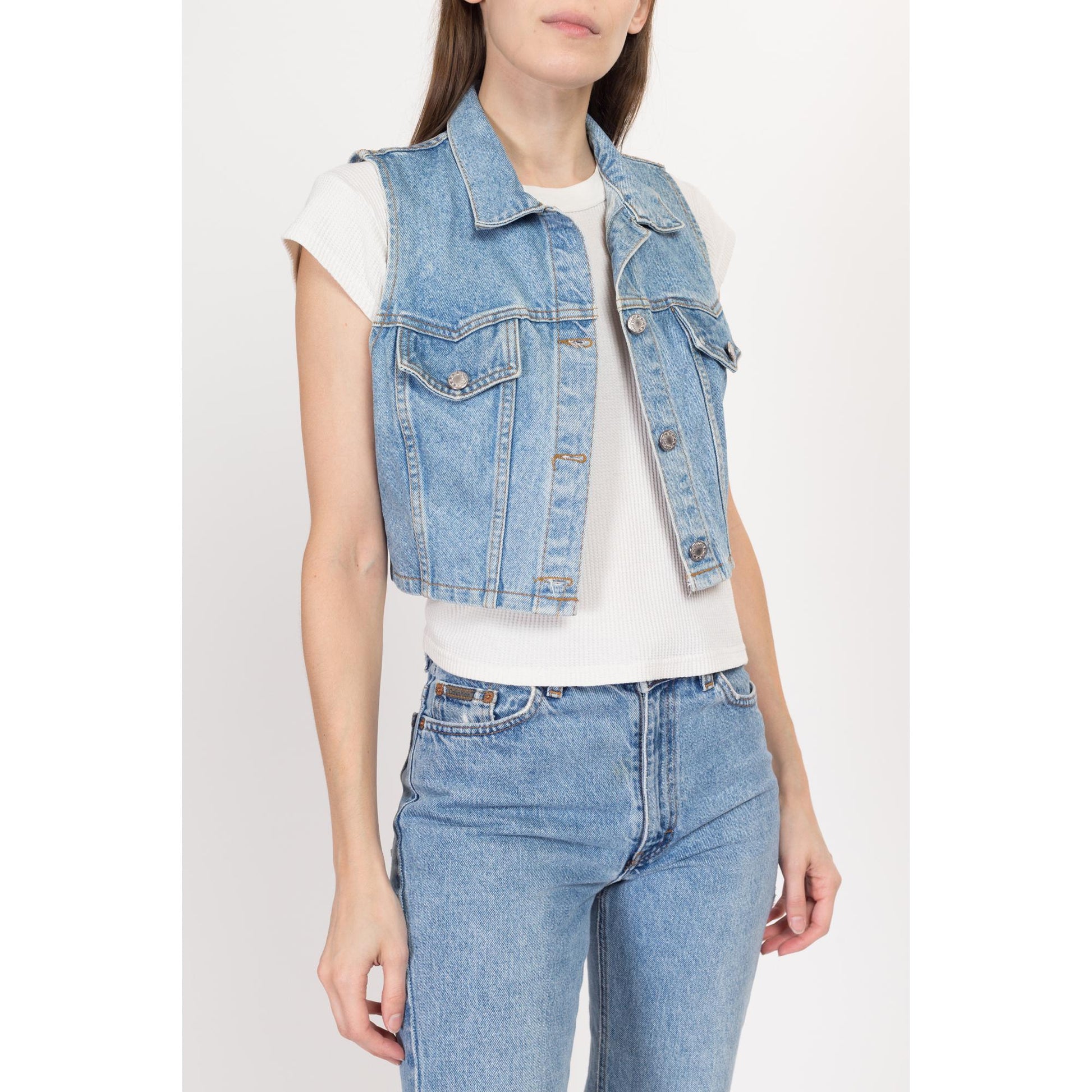 Sm-Med 90s Denim Crop Top Vest | Vintage Light Wash Blue Jean Sleeveless Shirt