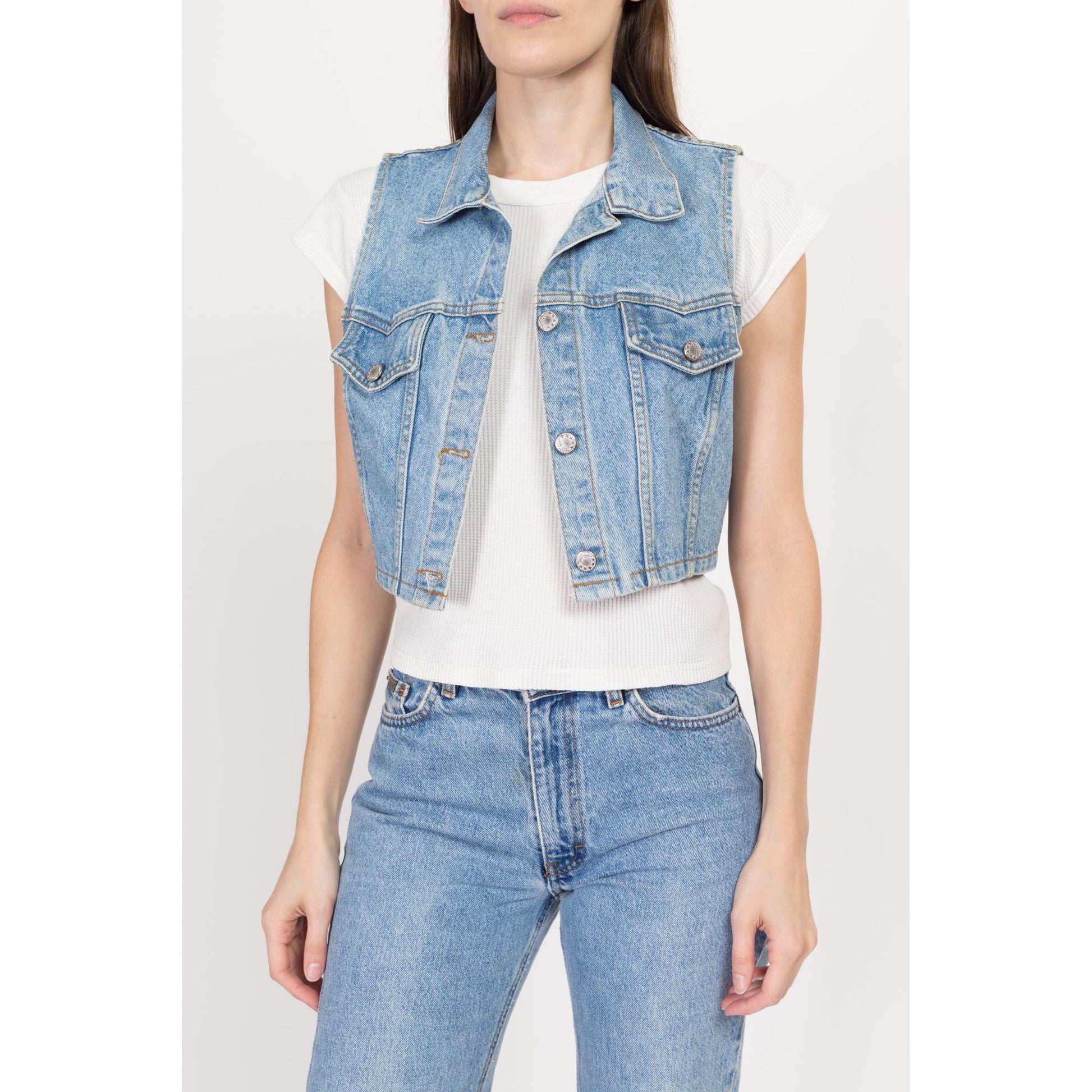 Sm-Med 90s Denim Crop Top Vest | Vintage Light Wash Blue Jean Sleeveless Shirt