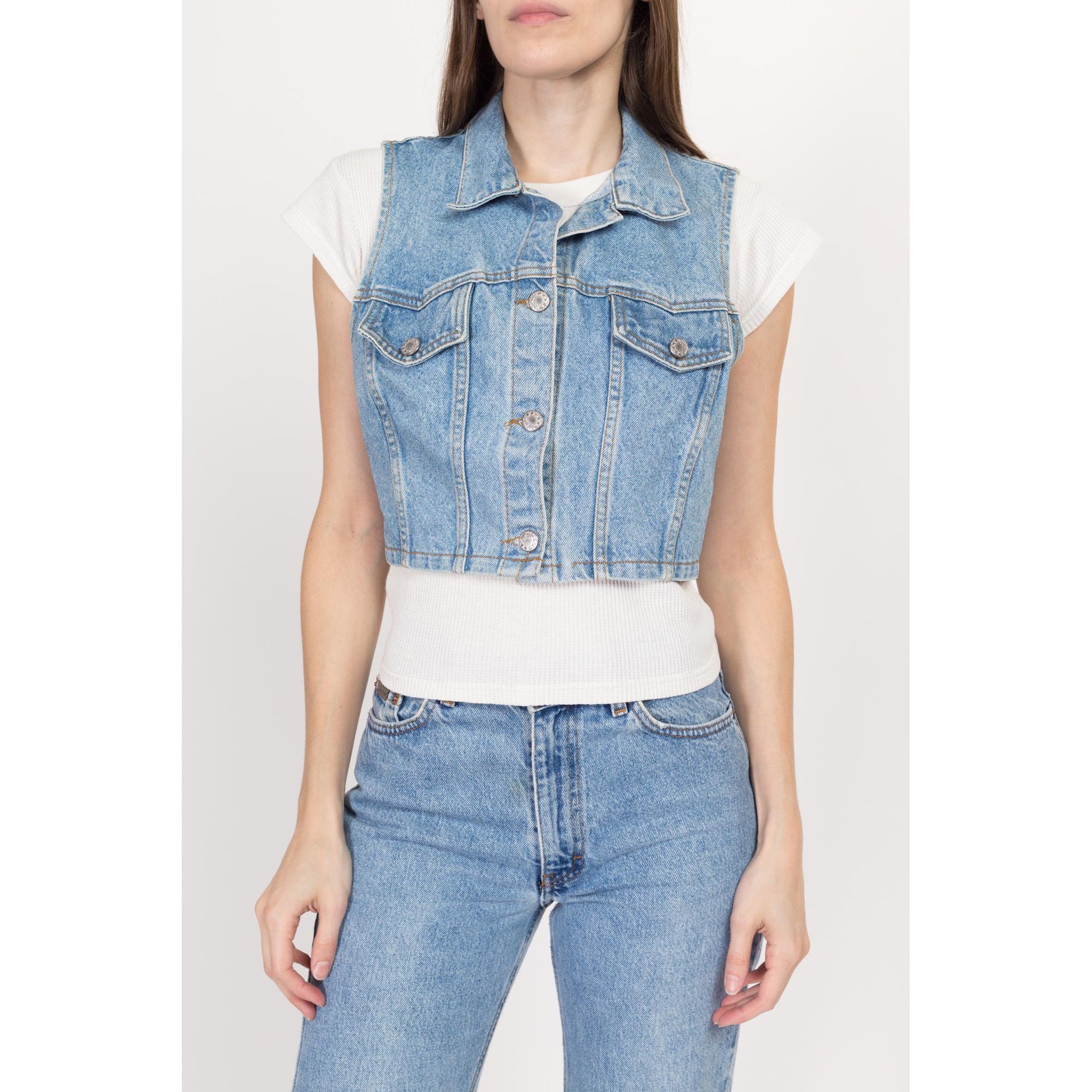 Sm-Med 90s Denim Crop Top Vest | Vintage Light Wash Blue Jean Sleeveless Shirt