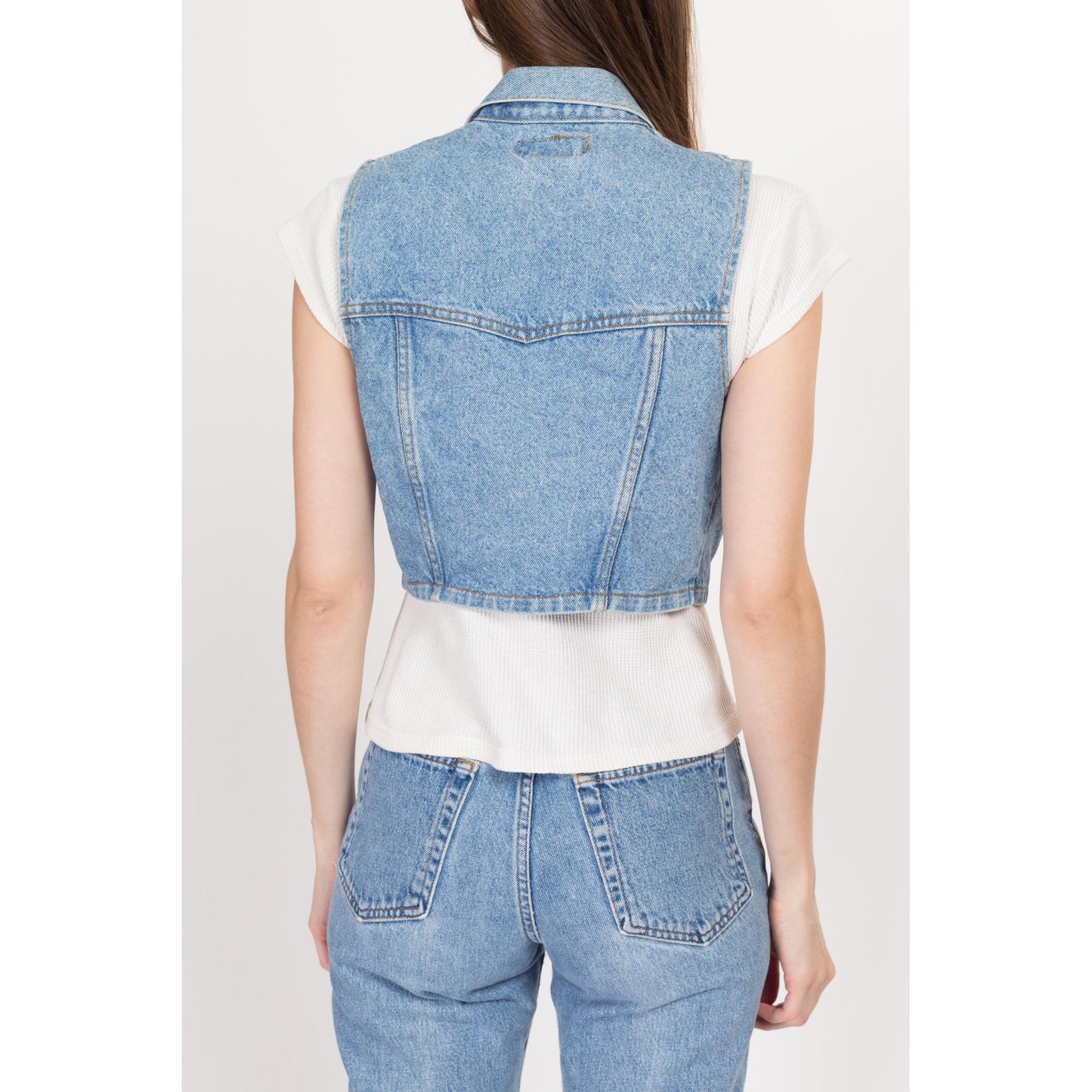 Sm-Med 90s Denim Crop Top Vest | Vintage Light Wash Blue Jean Sleeveless Shirt