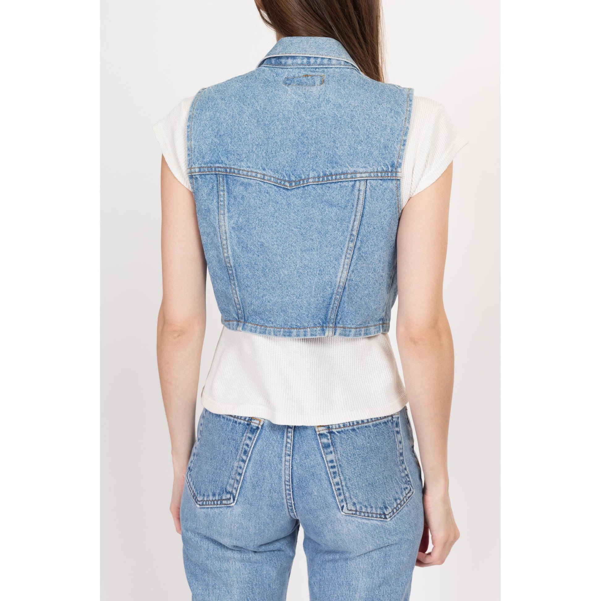 Sm-Med 90s Denim Crop Top Vest | Vintage Light Wash Blue Jean Sleeveless Shirt