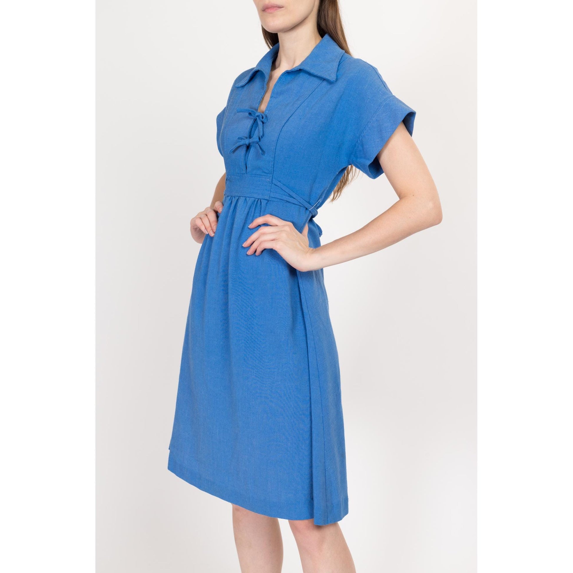 Small 70s Blue A Line Midi Dress | Vintage Empire Waist Short Sleeve Collared Boho Dress