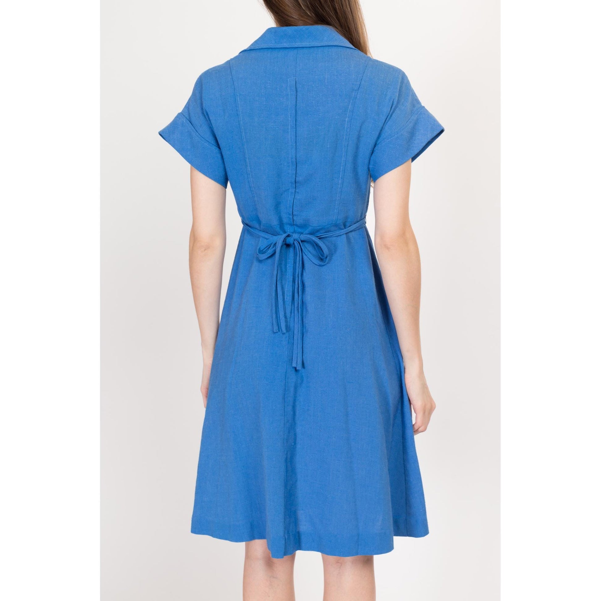 Small 70s Blue A Line Midi Dress | Vintage Empire Waist Short Sleeve Collared Boho Dress