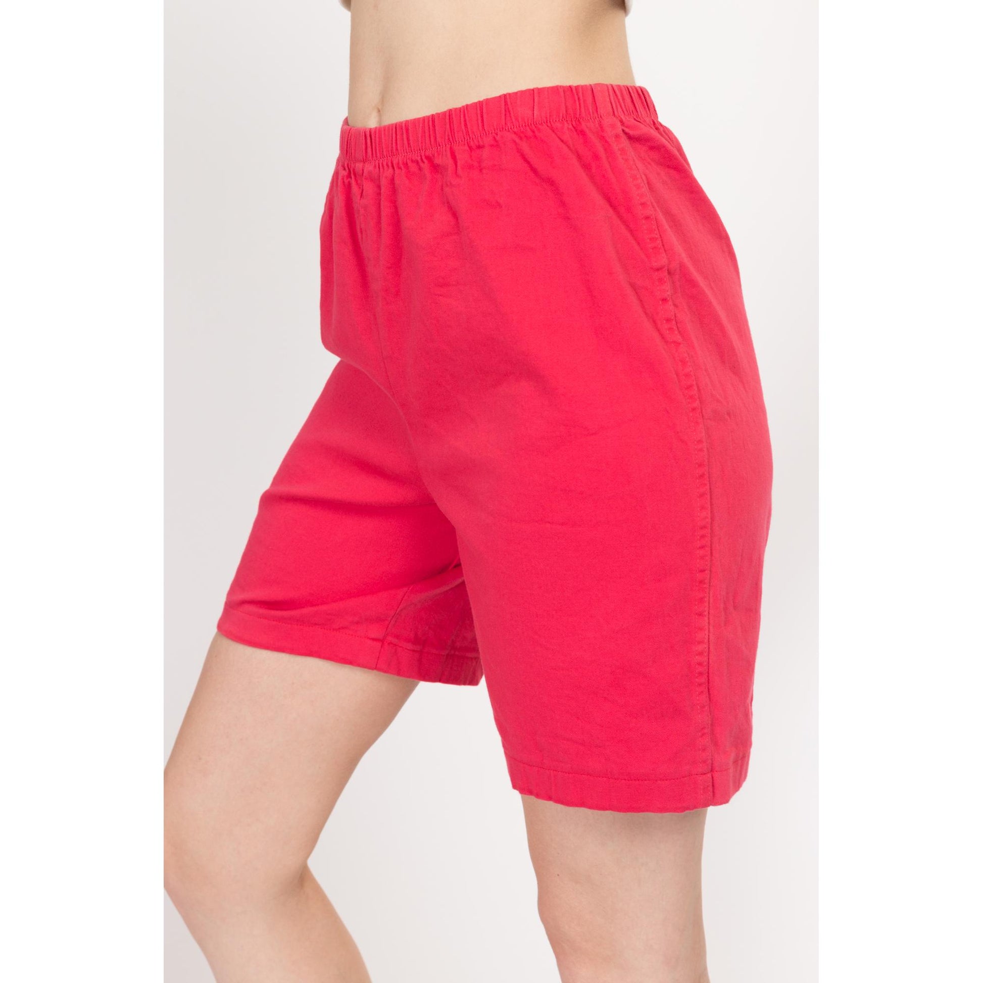 Sm-Med 90s Raspberry Red Casual Stretchy Shorts | Vintage Elastic Waist Cotton Blend Shorts