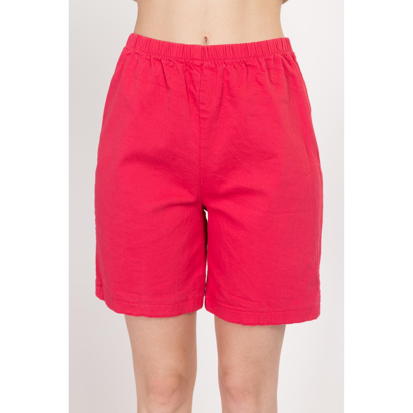 Sm-Med 90s Raspberry Red Casual Stretchy Shorts | Vintage Elastic Waist Cotton Blend Shorts