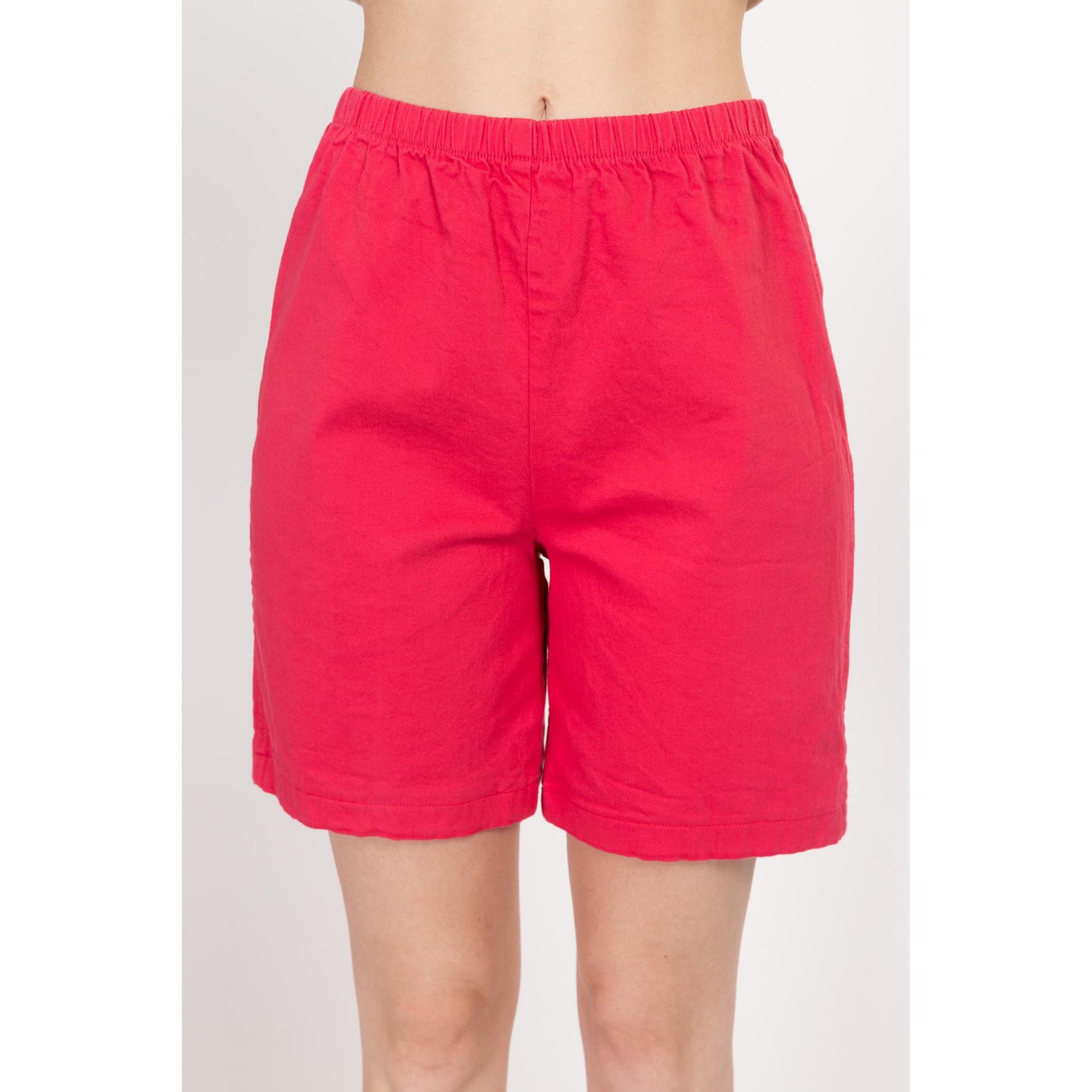 Sm-Med 90s Raspberry Red Casual Stretchy Shorts | Vintage Elastic Waist Cotton Blend Shorts