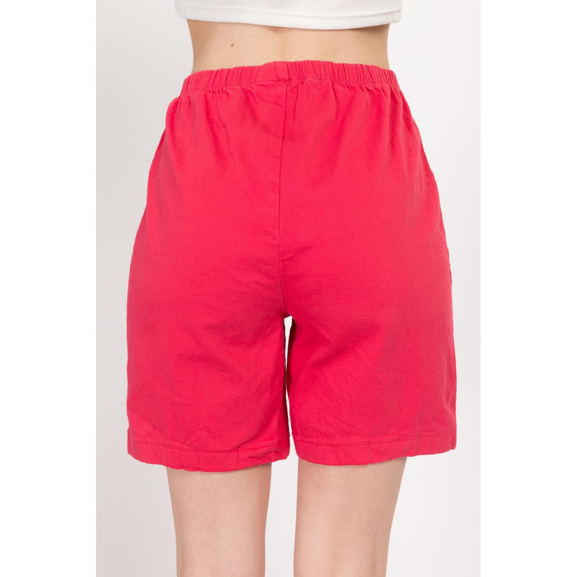 Sm-Med 90s Raspberry Red Casual Stretchy Shorts | Vintage Elastic Waist Cotton Blend Shorts