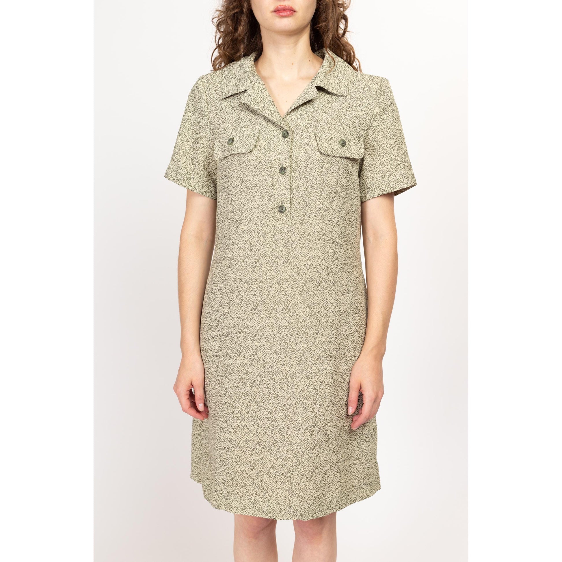 Medium 90s Sage Green Vine Print Mini Grunge Dress Size 10 | Vintage Button Up Short Sleeve Boho A Line Shirtdress