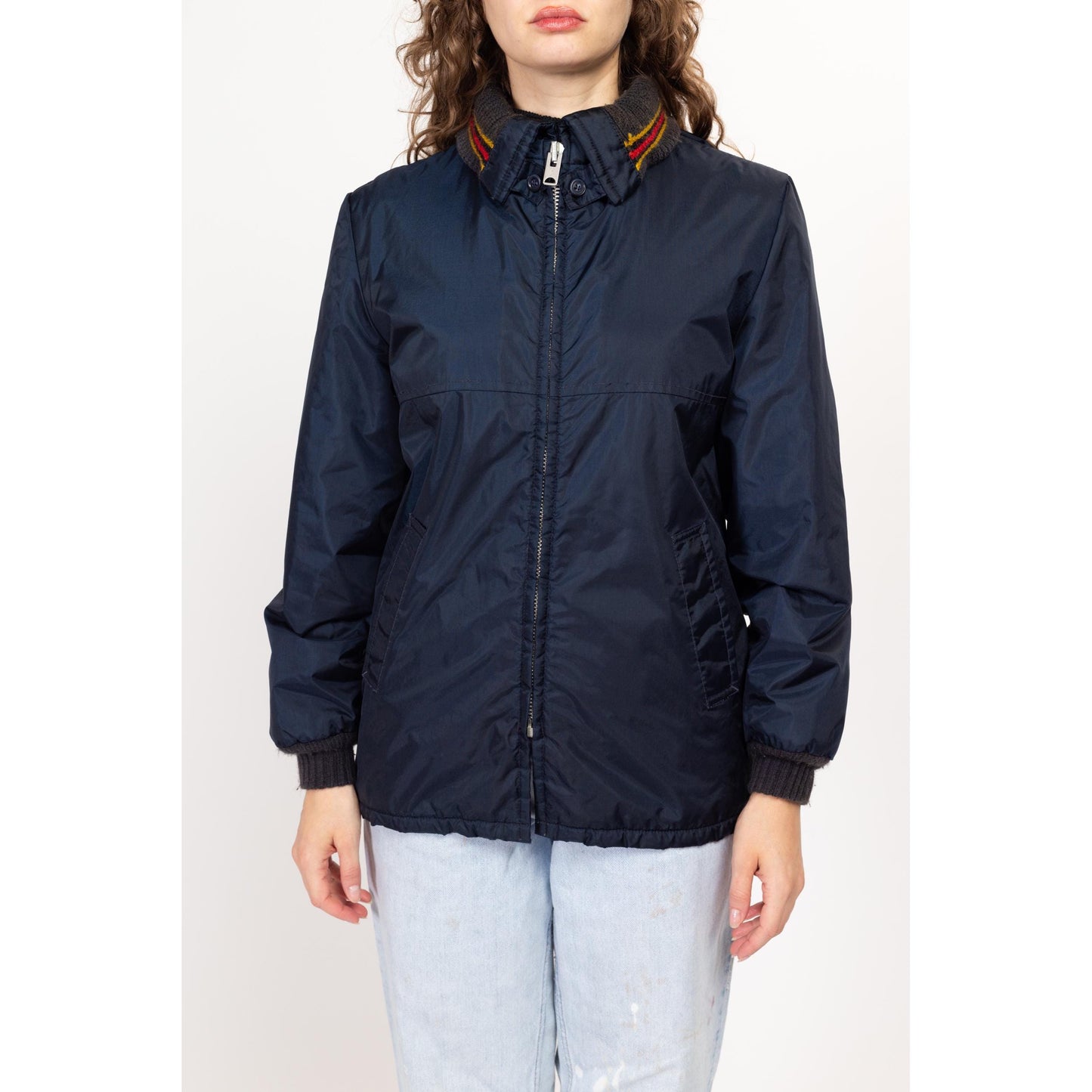 Small 70s Navy Blue Plush Lined Ringer Jacket | Vintage Striped Collar Zip Up Hooded Winter Coat