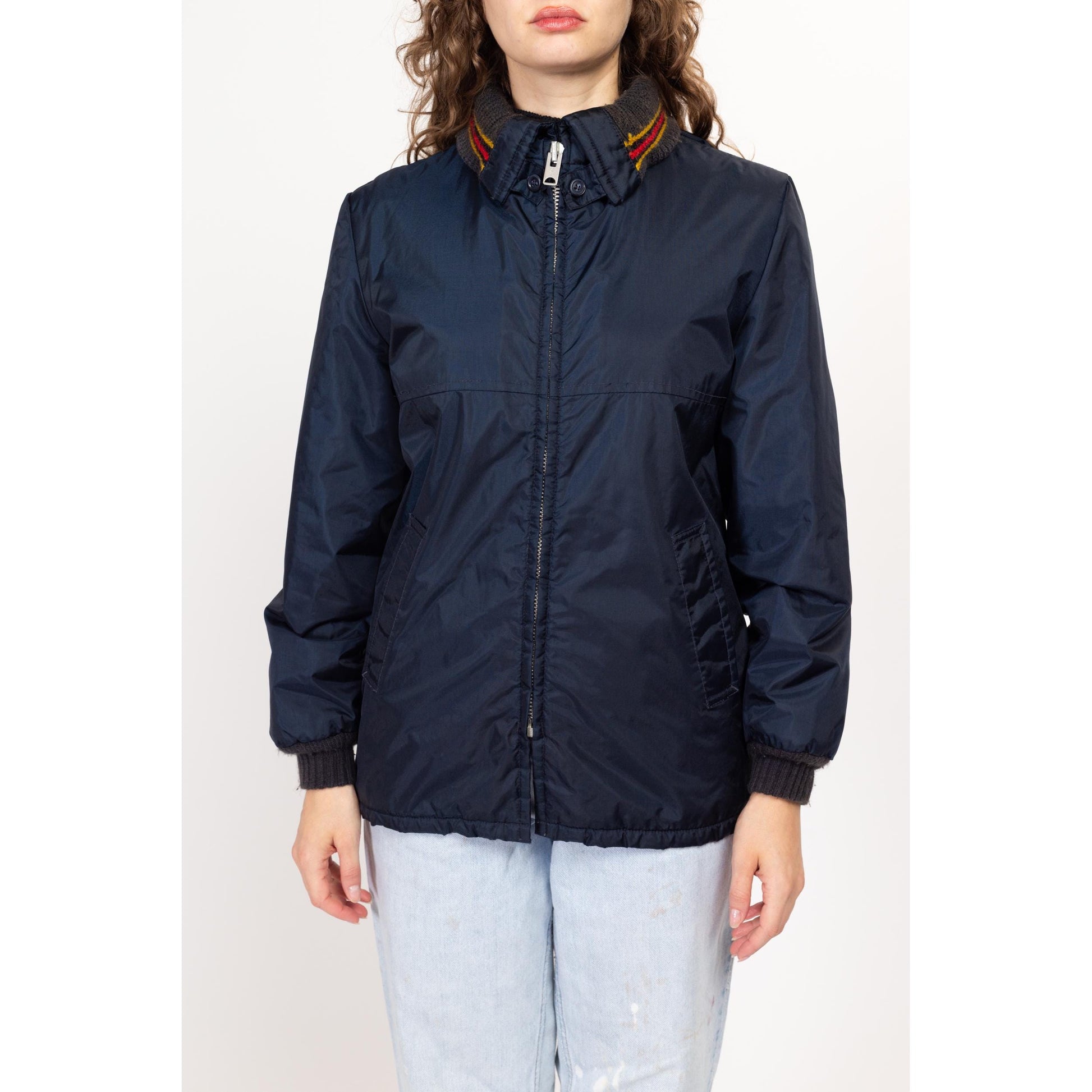 Small 70s Navy Blue Plush Lined Ringer Jacket | Vintage Striped Collar Zip Up Hooded Winter Coat